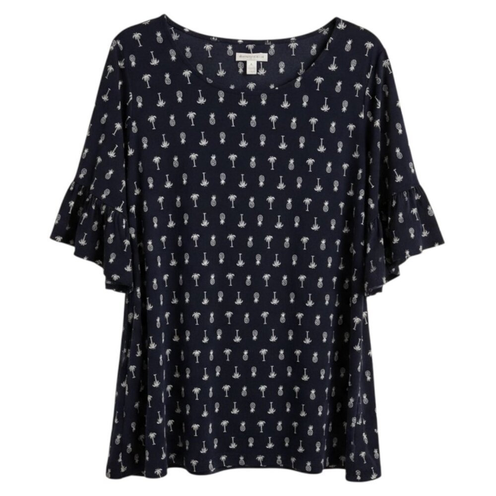 Charter Club Slinky Knit Top Pineapple Palm Tree Blouse Shirt Black 1X